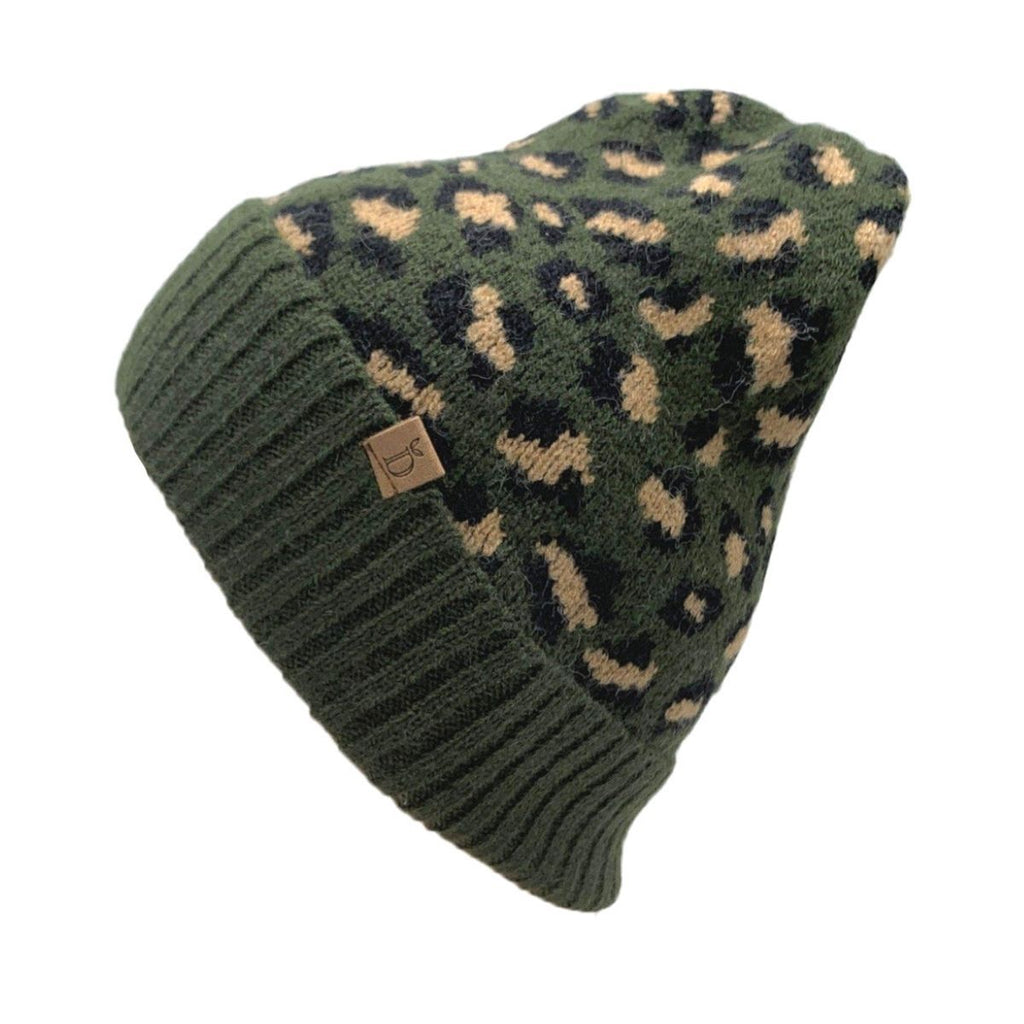 Cuff Beanie Olive Leopard Print Stylish Casual Knit Hat