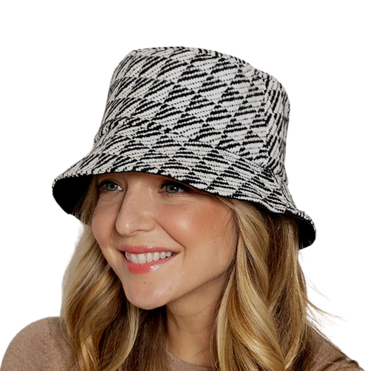 Bucket Hat Black Geo Pattern Topstitch Stylish Casual Accessory