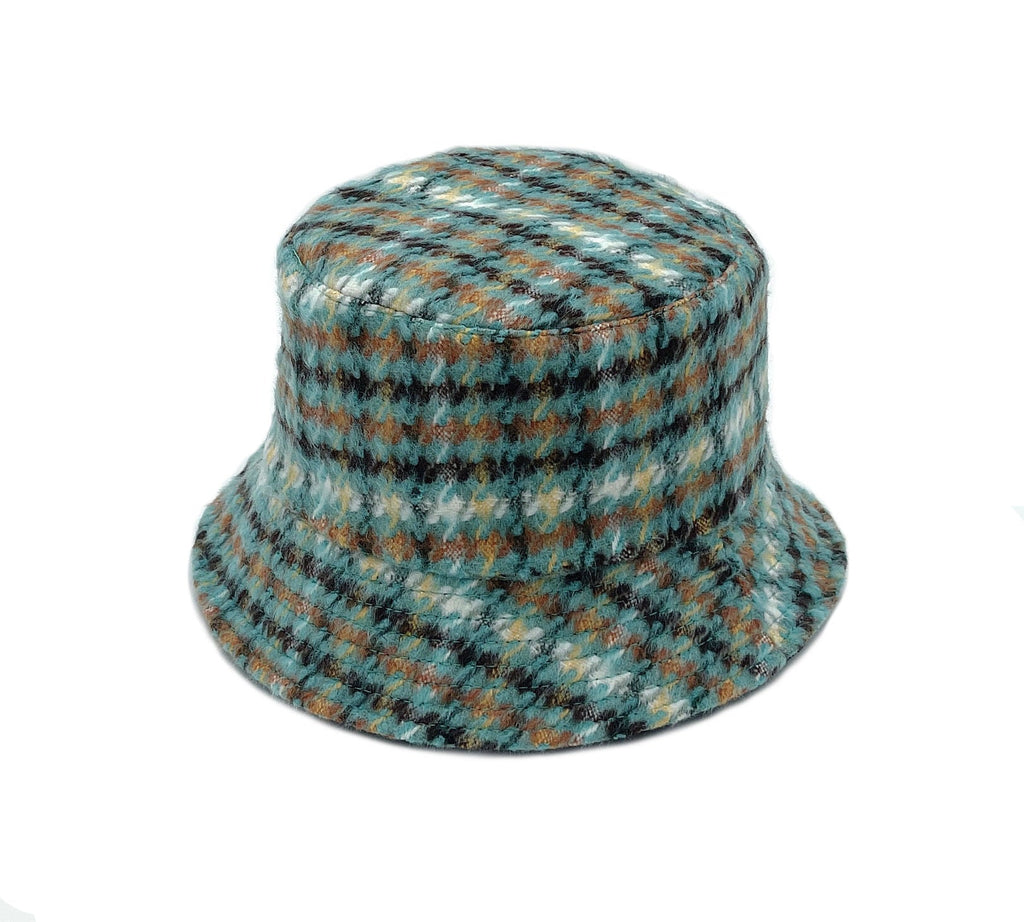 Bucket Hat Green Plaid Woolen Stylish Casual Fashion Accessory