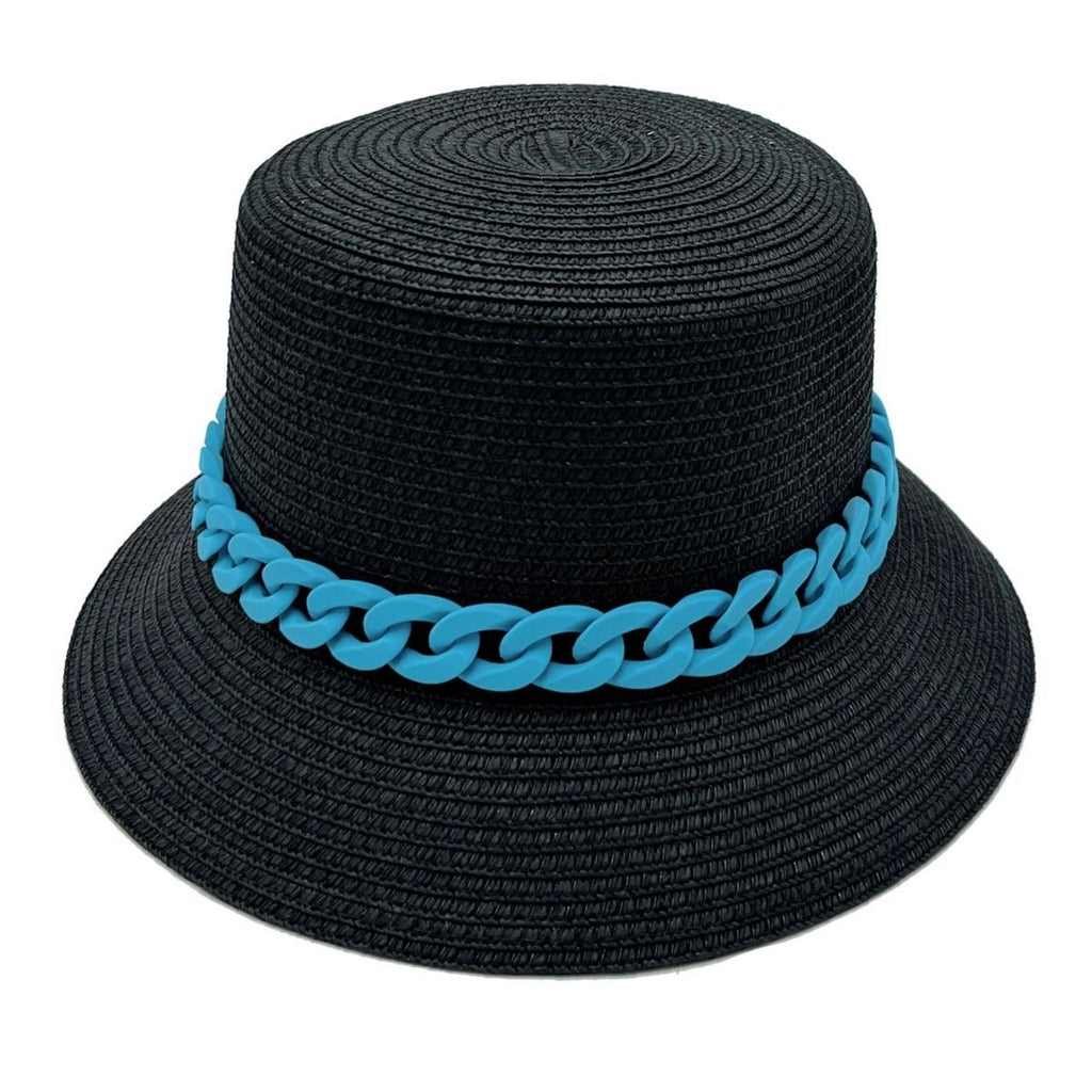 Bucket Hat with Blue Chain Detail – Trendy Casual Black Hat