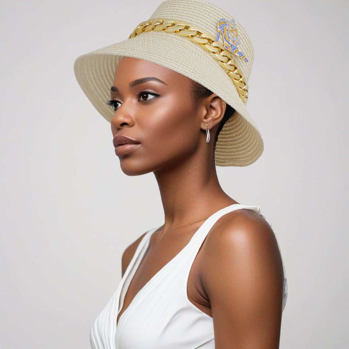 Bucket Hat Beige with Gold Chain Trendy Fashion Accessory