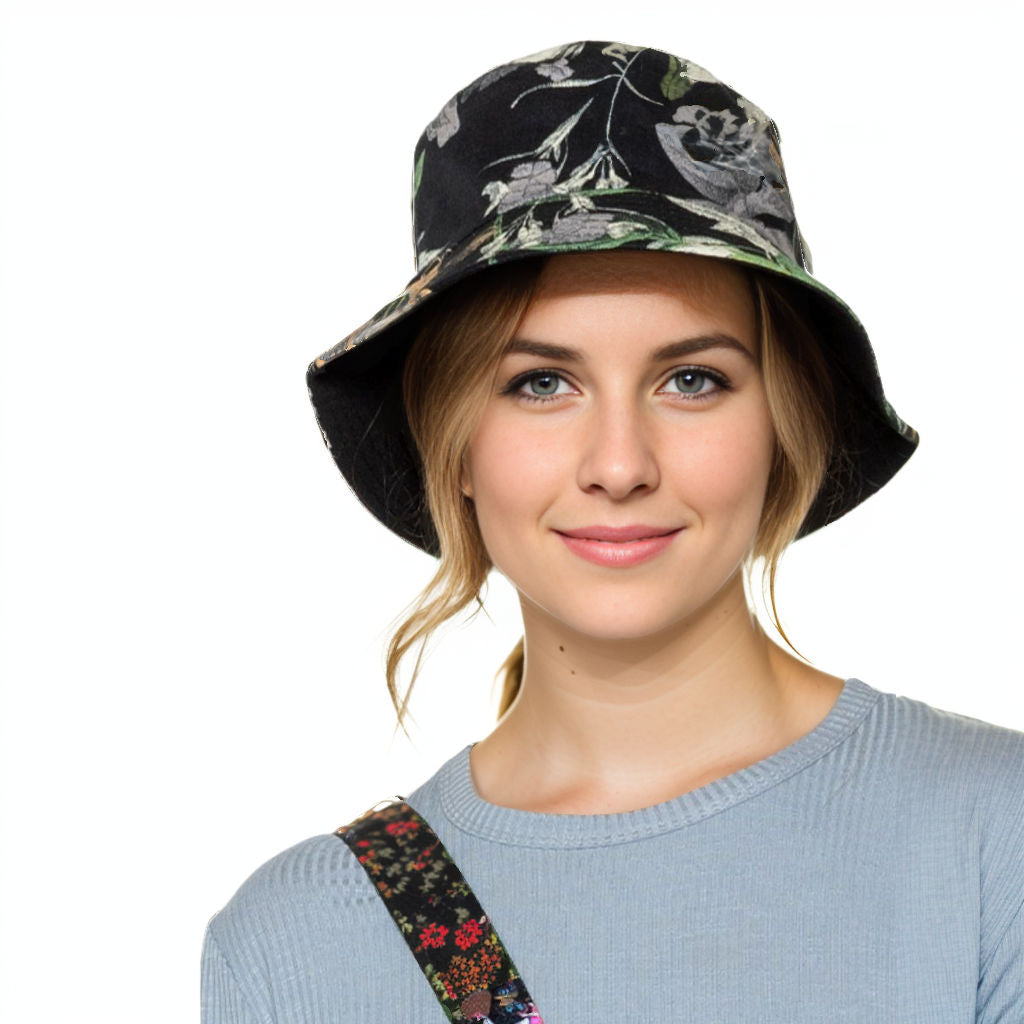 Reversible Black Floral Bucket Hat – Trendy Casual Fashion Accessory