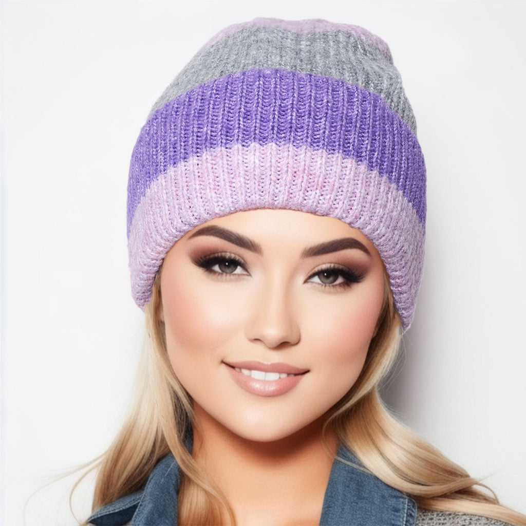 Women’s Striped Beanie Hat Purple Pink Casual Stylish Accessory