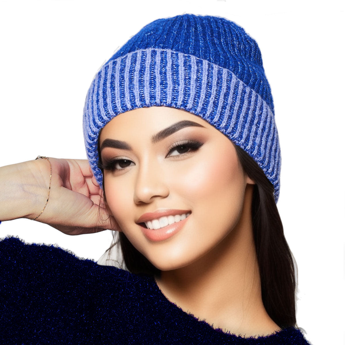 Women’s Two Tone Blue Cuffed Beanie Hat – Stylish Casual Winter Accessory
