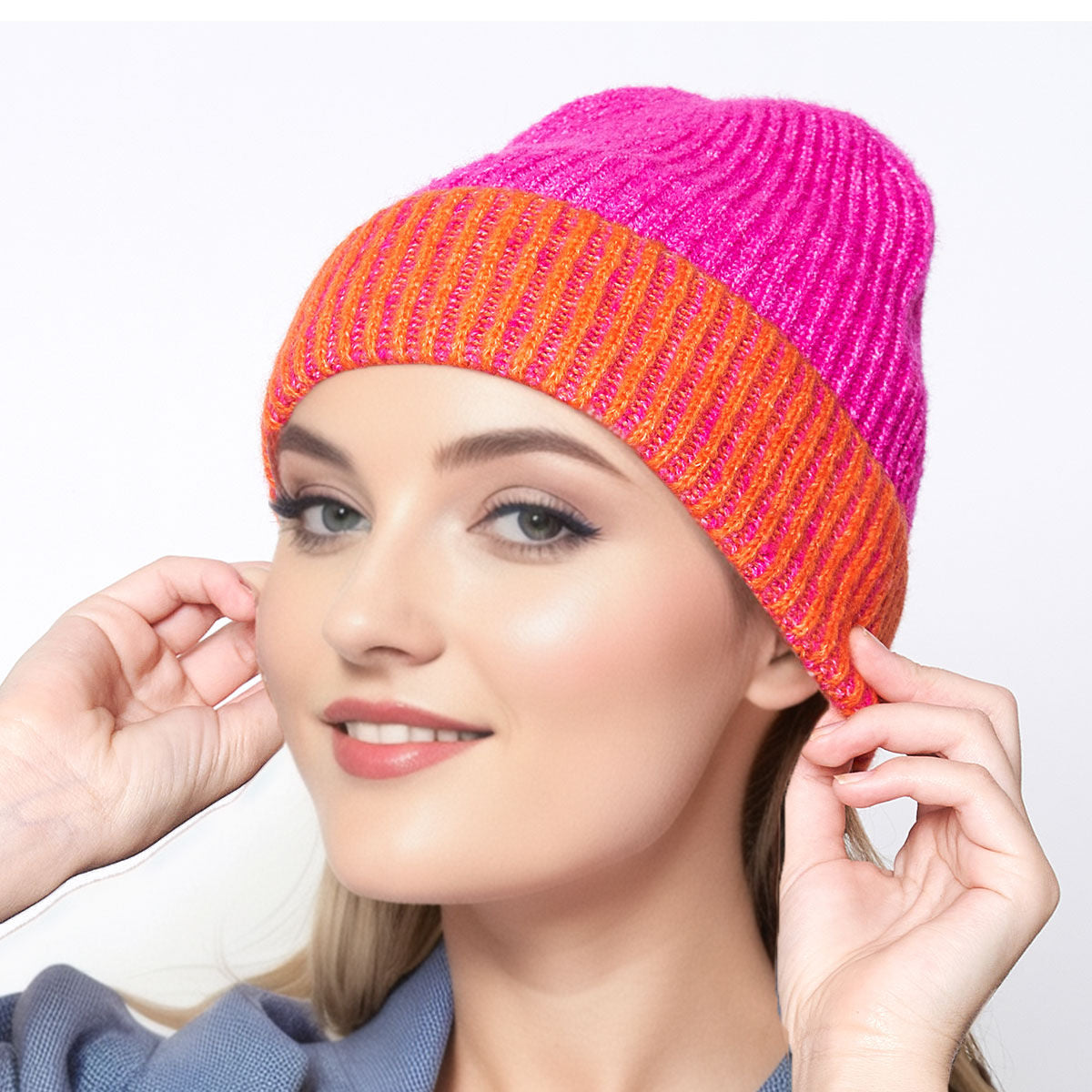 Women’s Two Tone Fuchsia Cuffed Beanie Hat – Stylish Casual Accessory