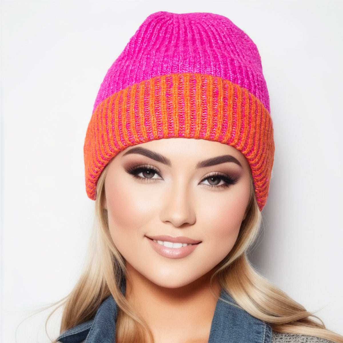 Women’s Two Tone Fuchsia Cuffed Beanie Hat – Stylish Casual Accessory