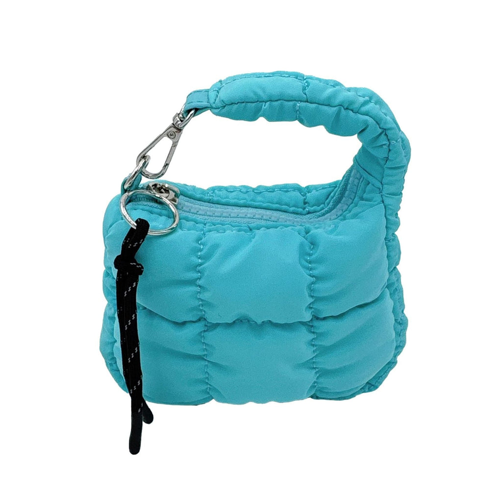 Quilted Mini Bag Keychain with Stanley Clip in Aqua – Trendy Fashion Accessory
