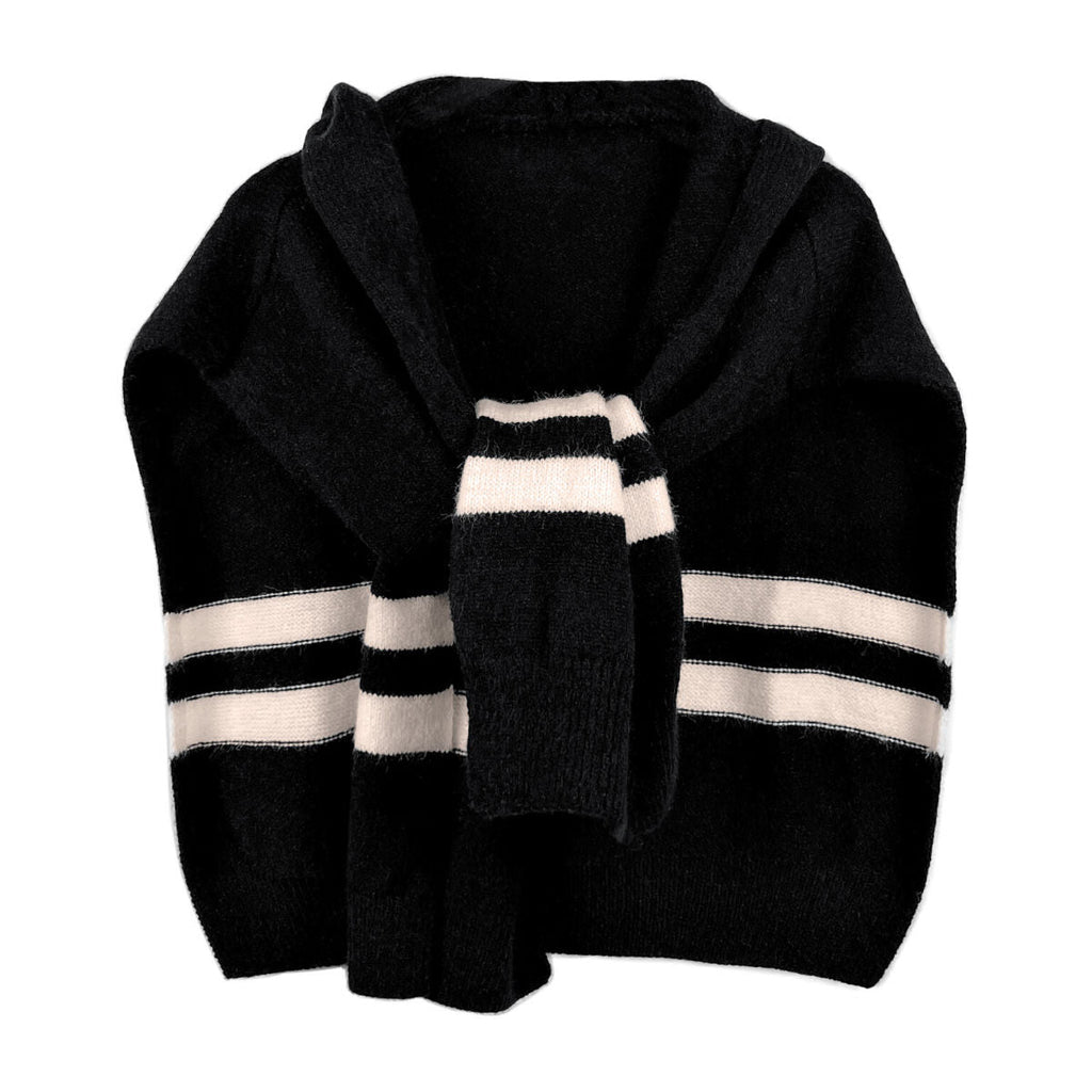 Women’s Black Hooded Stripe Knit Kimono Casual Chic Layered Cardigan