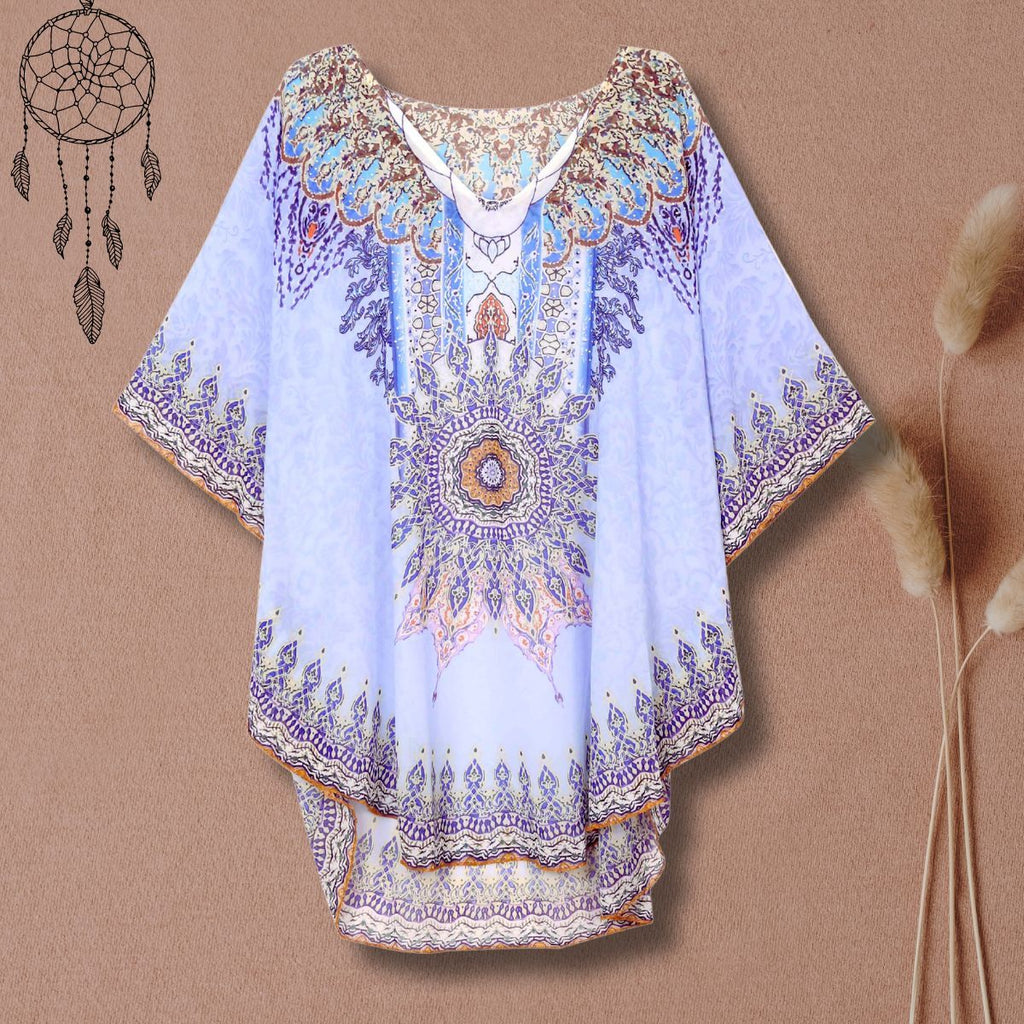 Poncho Top Blue Boho Print Stylish Casual Layered