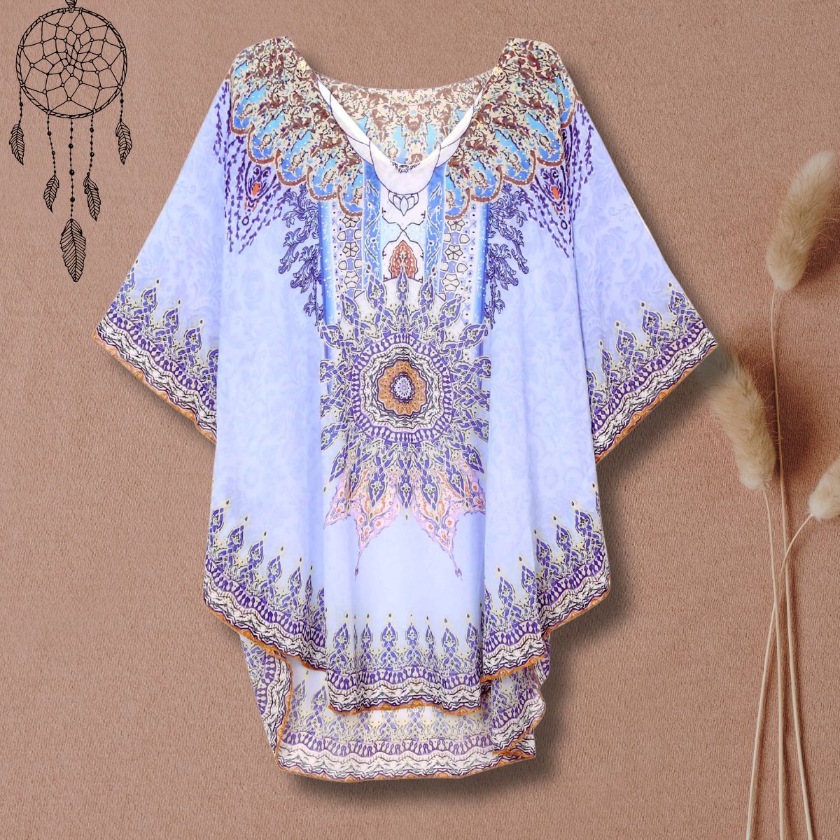 Poncho Top Blue Boho Print Stylish Casual Layered