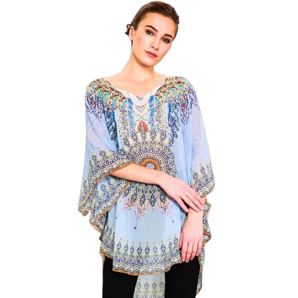 Poncho Top Blue Boho Print Stylish Casual Layered