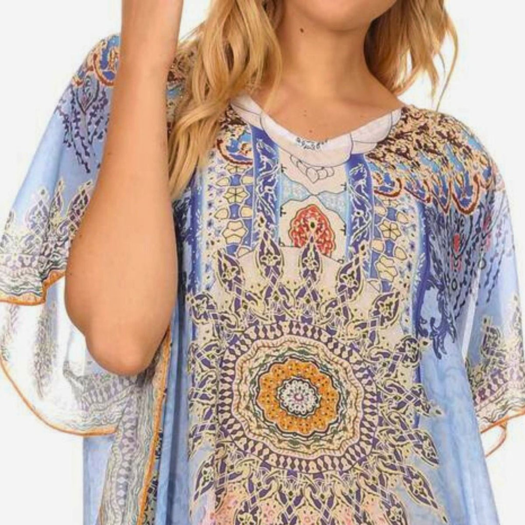 Poncho Top Blue Boho Print Stylish Casual Layered