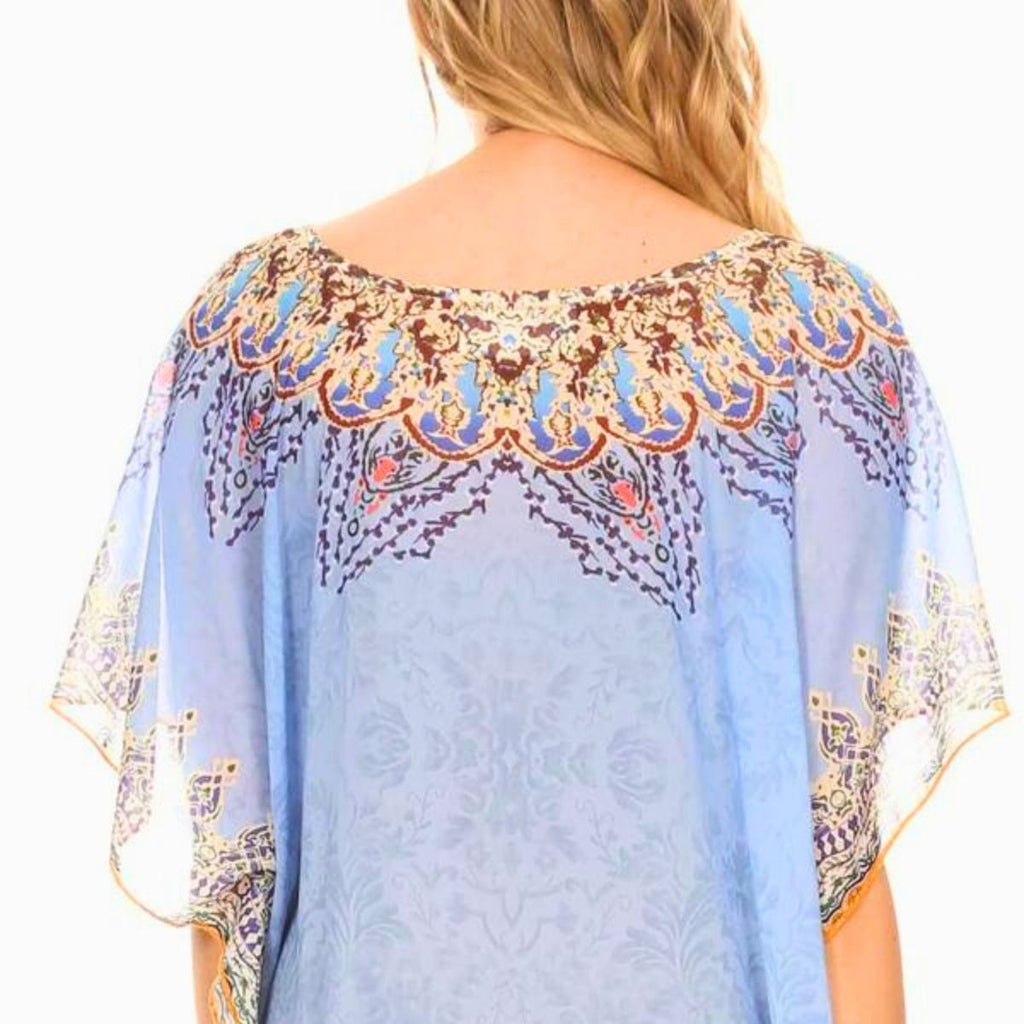 Poncho Top Blue Boho Print Stylish Casual Layered