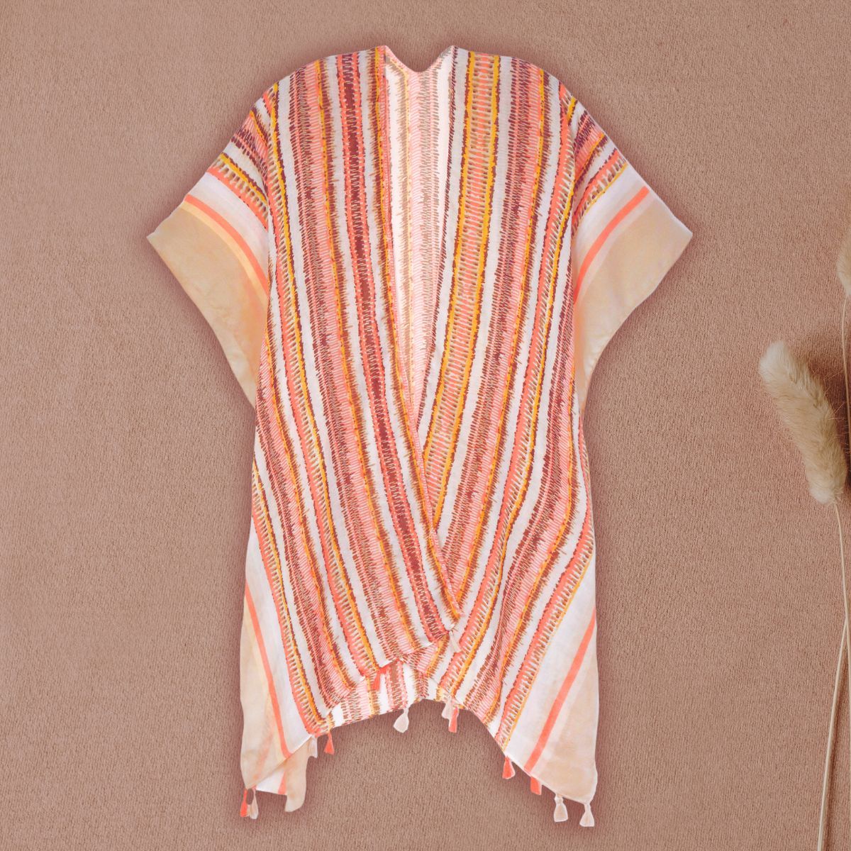 Women’s Kimono Beige Tribal Stripe Print Stylish Casual Layered Top