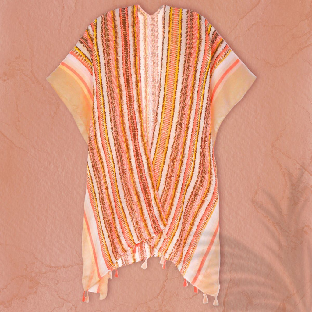 Women’s Kimono Beige Tribal Stripe Print Stylish Casual Layered Top