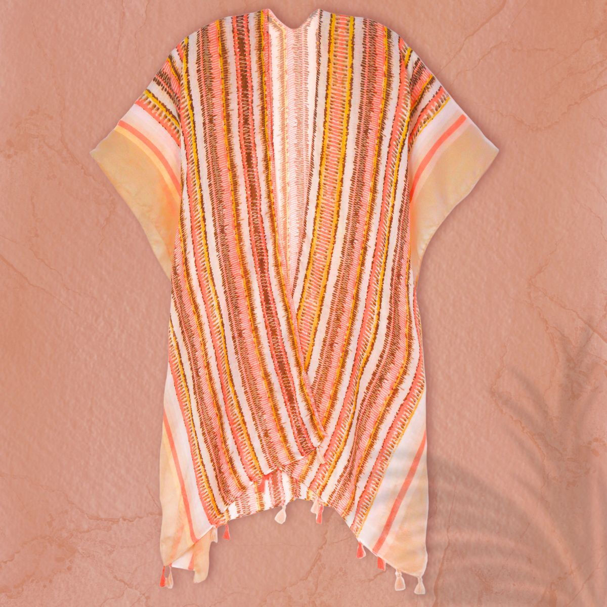 Women’s Kimono Beige Tribal Stripe Print Stylish Casual Layered Top