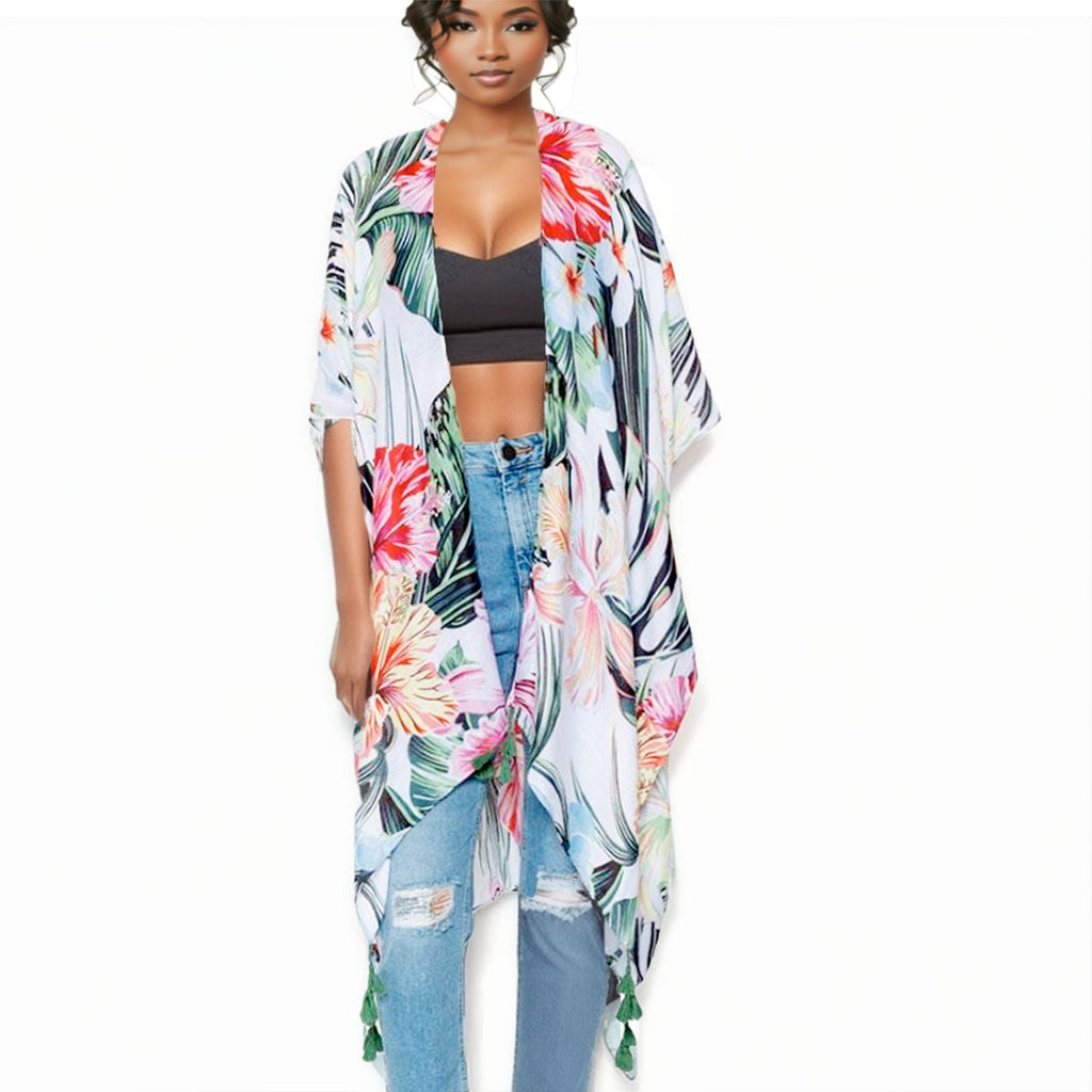 Women’s Kimono Tropical Green Tassel Stylish Casual Layered Cover-Up