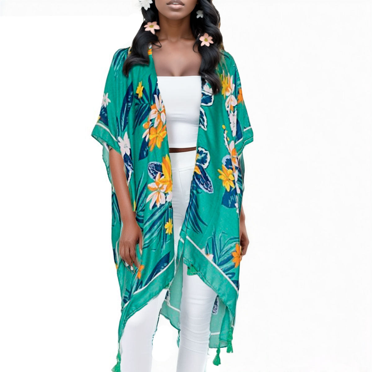 Tassel Kimono Green Tropical Floral Stylish Casual Layered