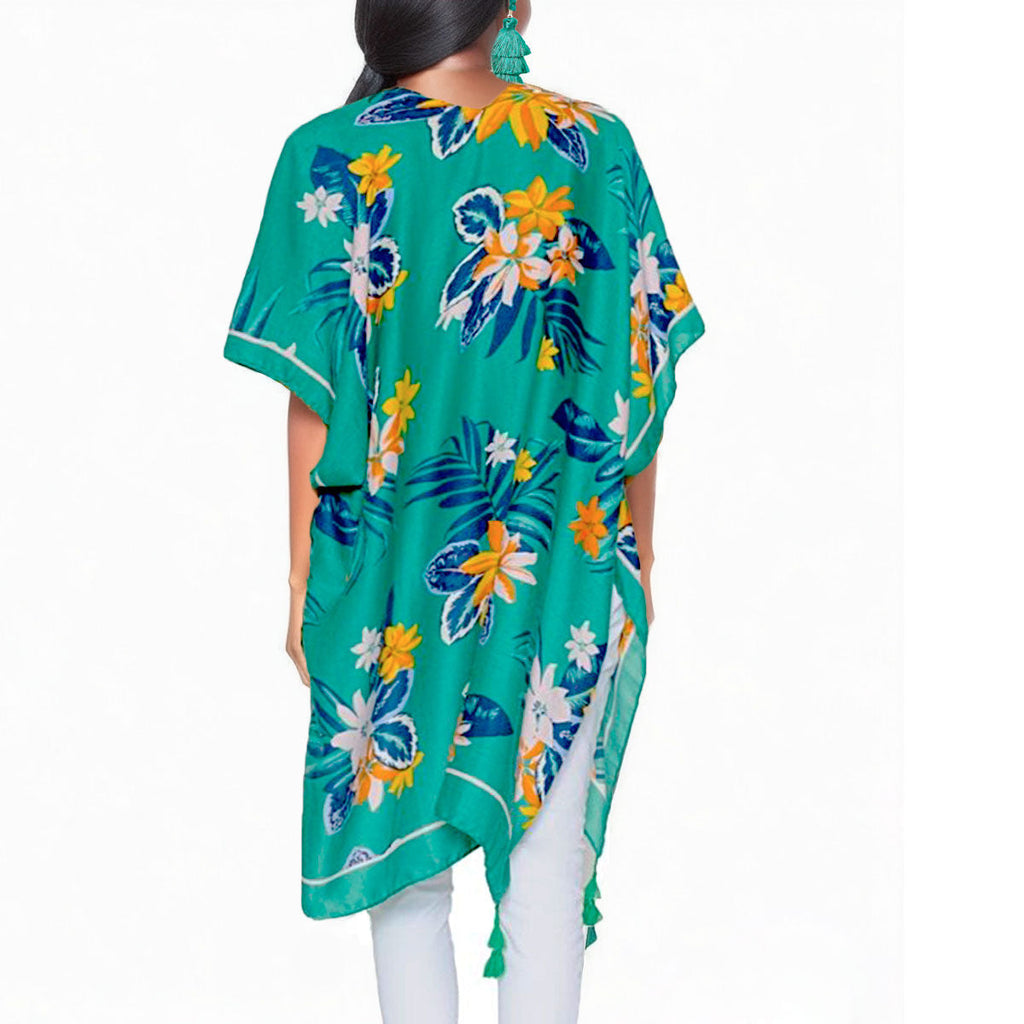 Tassel Kimono Green Tropical Floral Stylish Casual Layered