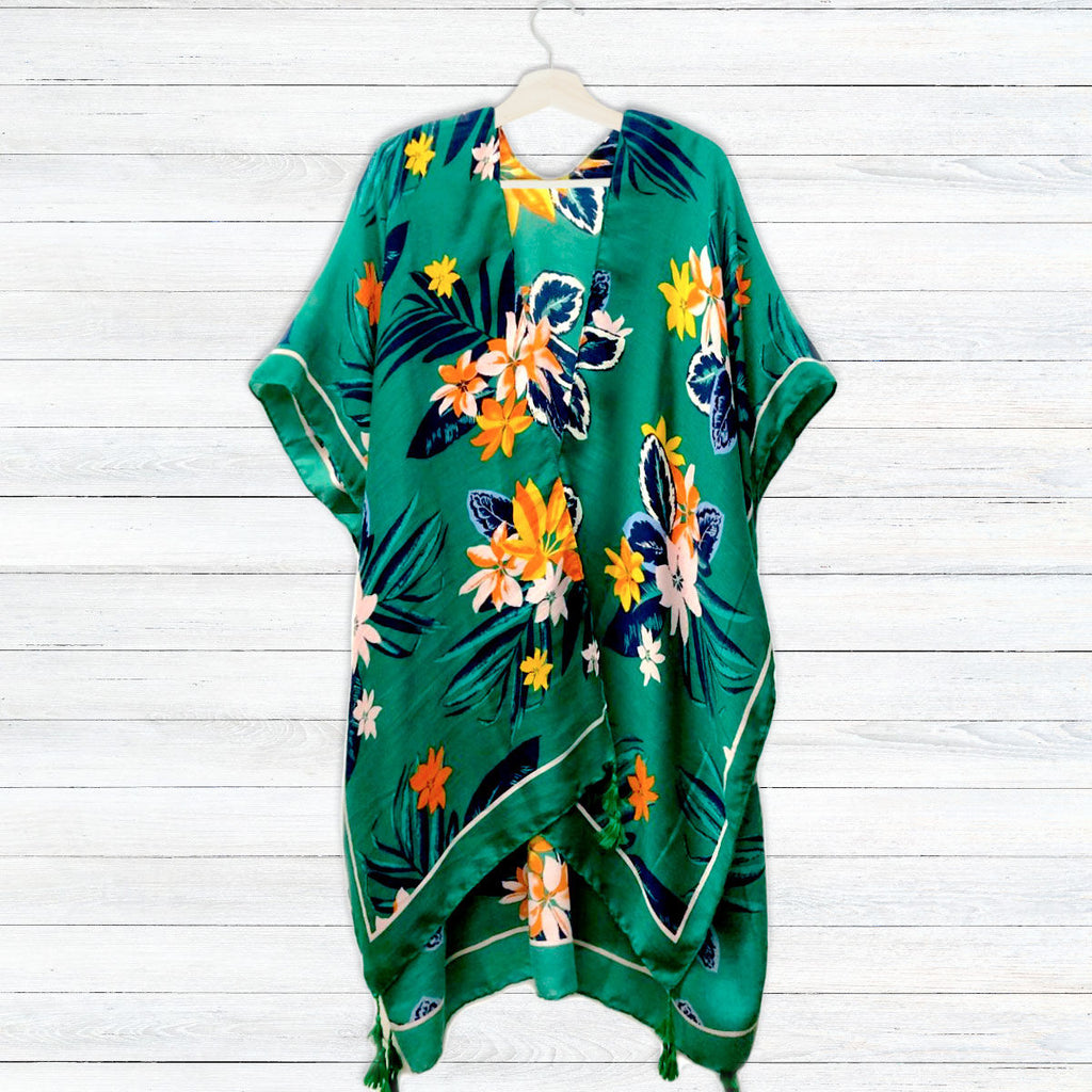 Tassel Kimono Green Tropical Floral Stylish Casual Layered