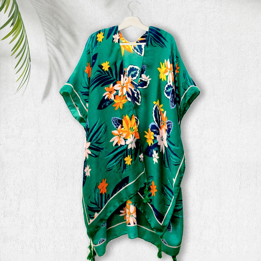 Tassel Kimono Green Tropical Floral Stylish Casual Layered
