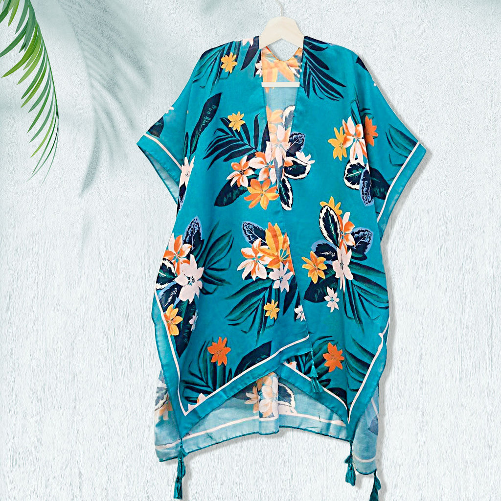 Women’s Turquoise Tropical Floral Tassel Kimono – Stylish Casual Layered Cover-Up