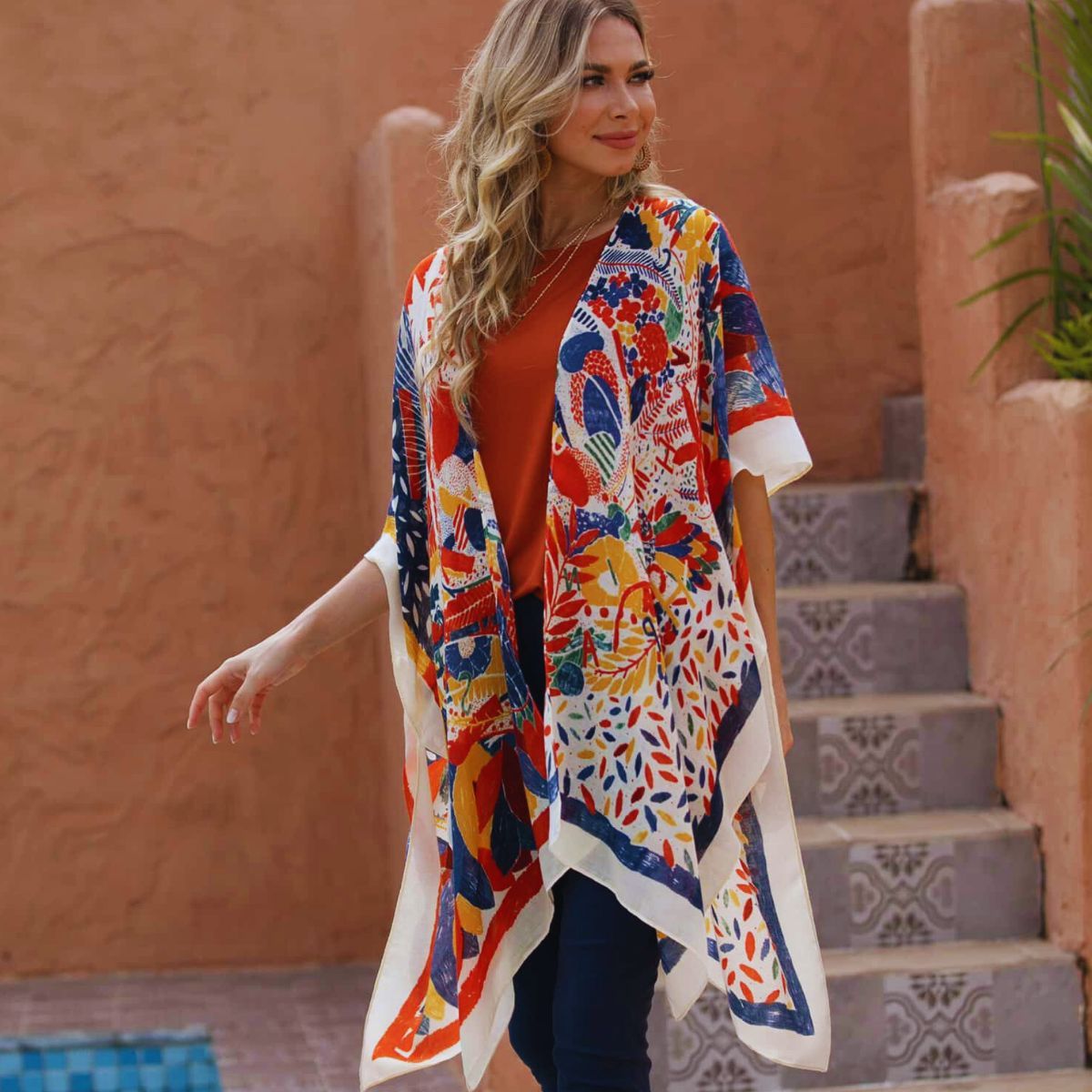 Women’s Kimono Red Mixed Pattern Tassel Stylish Casual Layered