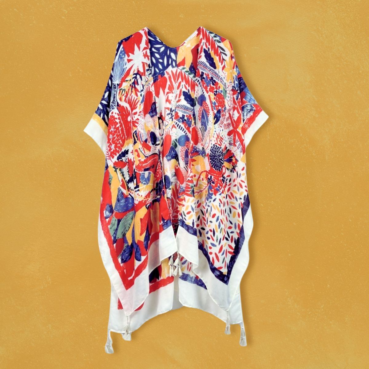 Women’s Kimono Red Mixed Pattern Tassel Stylish Casual Layered