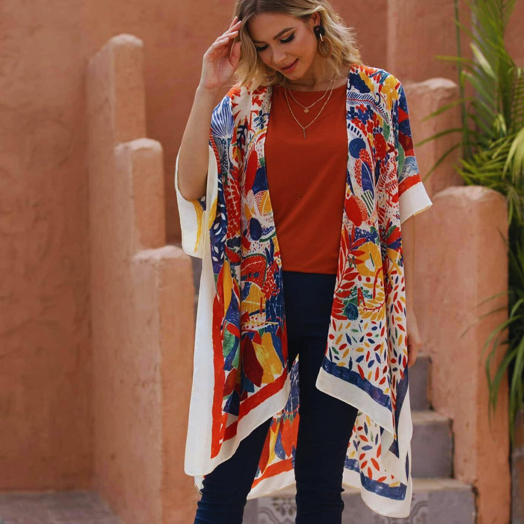 Women’s Kimono Red Mixed Pattern Tassel Stylish Casual Layered