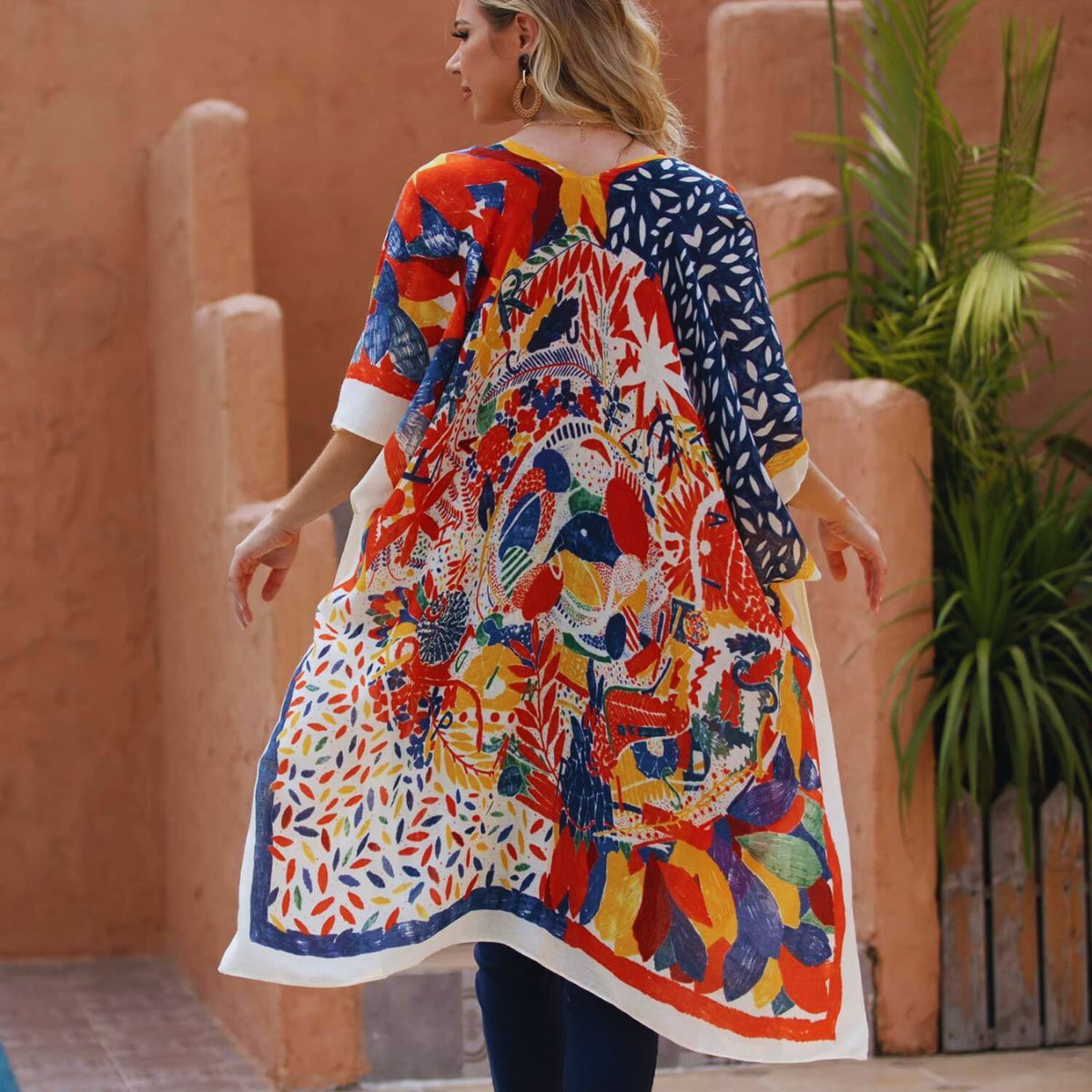 Women’s Kimono Red Mixed Pattern Tassel Stylish Casual Layered