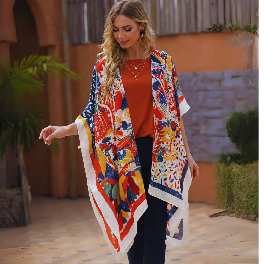 Women’s Kimono Red Mixed Pattern Tassel Stylish Casual Layered