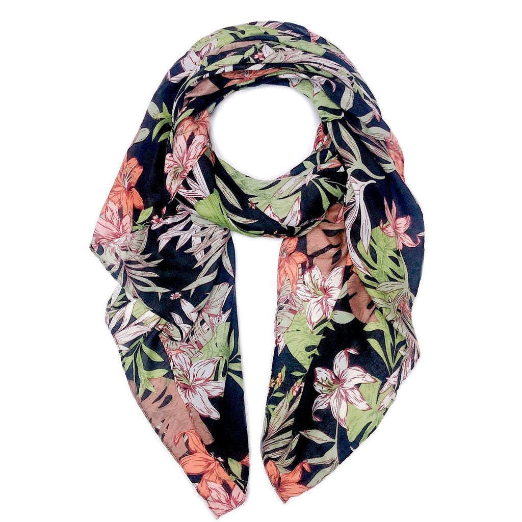 Fashion Scarf Long Black Palm Leaf Print 74" x 35" Stylish Accessory