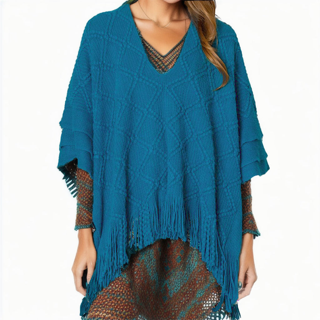 Women’s Trendy Teal Crochet Poncho Stylish Casual Layered Accessory