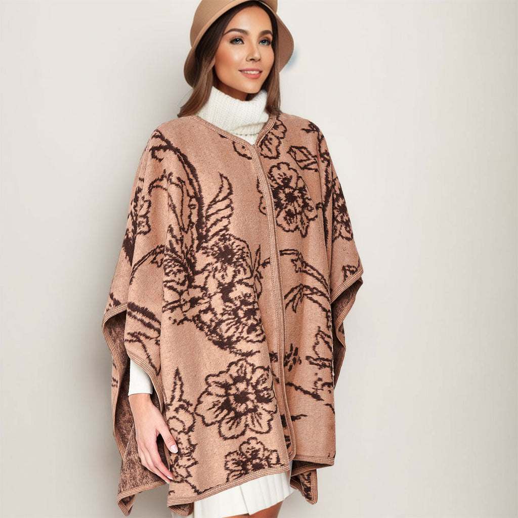 Women’s Kimono Ruana Acrylic Knit Camel Flower Pattern Stylish Layered Top