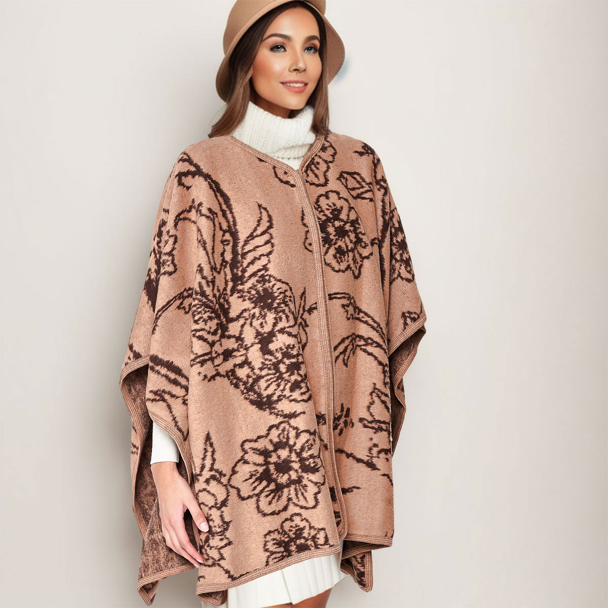 Women’s Kimono Ruana Acrylic Knit Camel Flower Pattern Stylish Layered Top