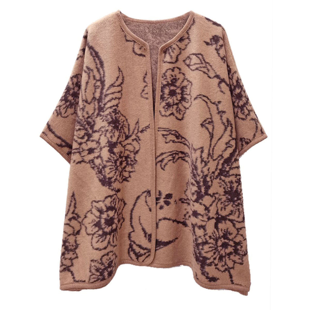 Women’s Kimono Ruana Acrylic Knit Camel Flower Pattern Stylish Layered Top