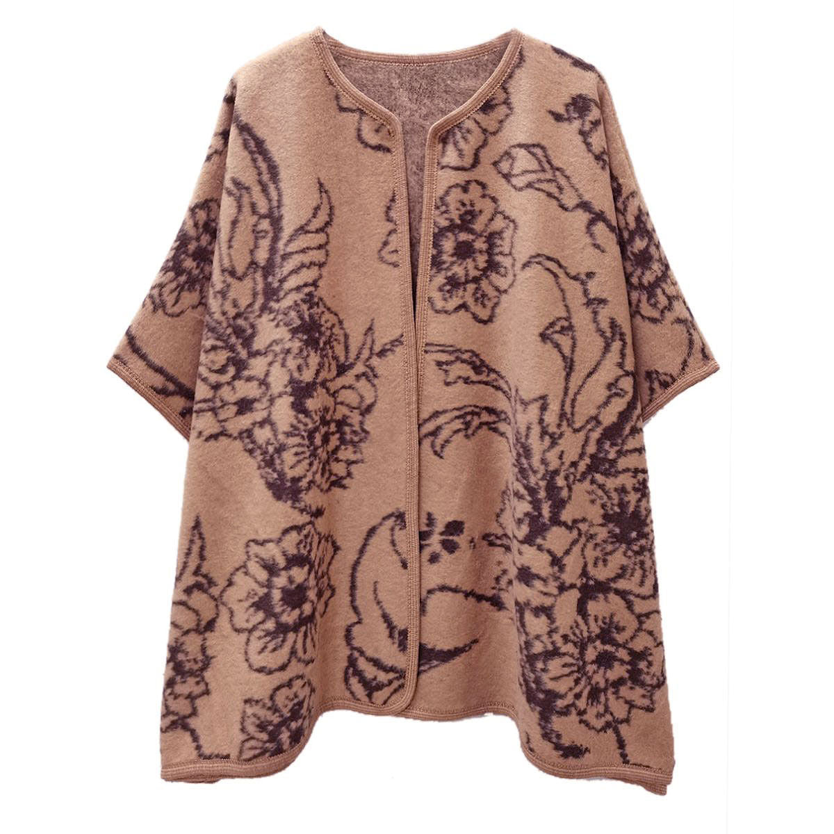 Women’s Kimono Ruana Acrylic Knit Camel Flower Pattern Stylish Layered Top