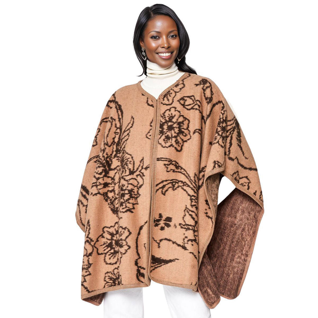 Women’s Kimono Ruana Acrylic Knit Camel Flower Pattern Stylish Layered Top