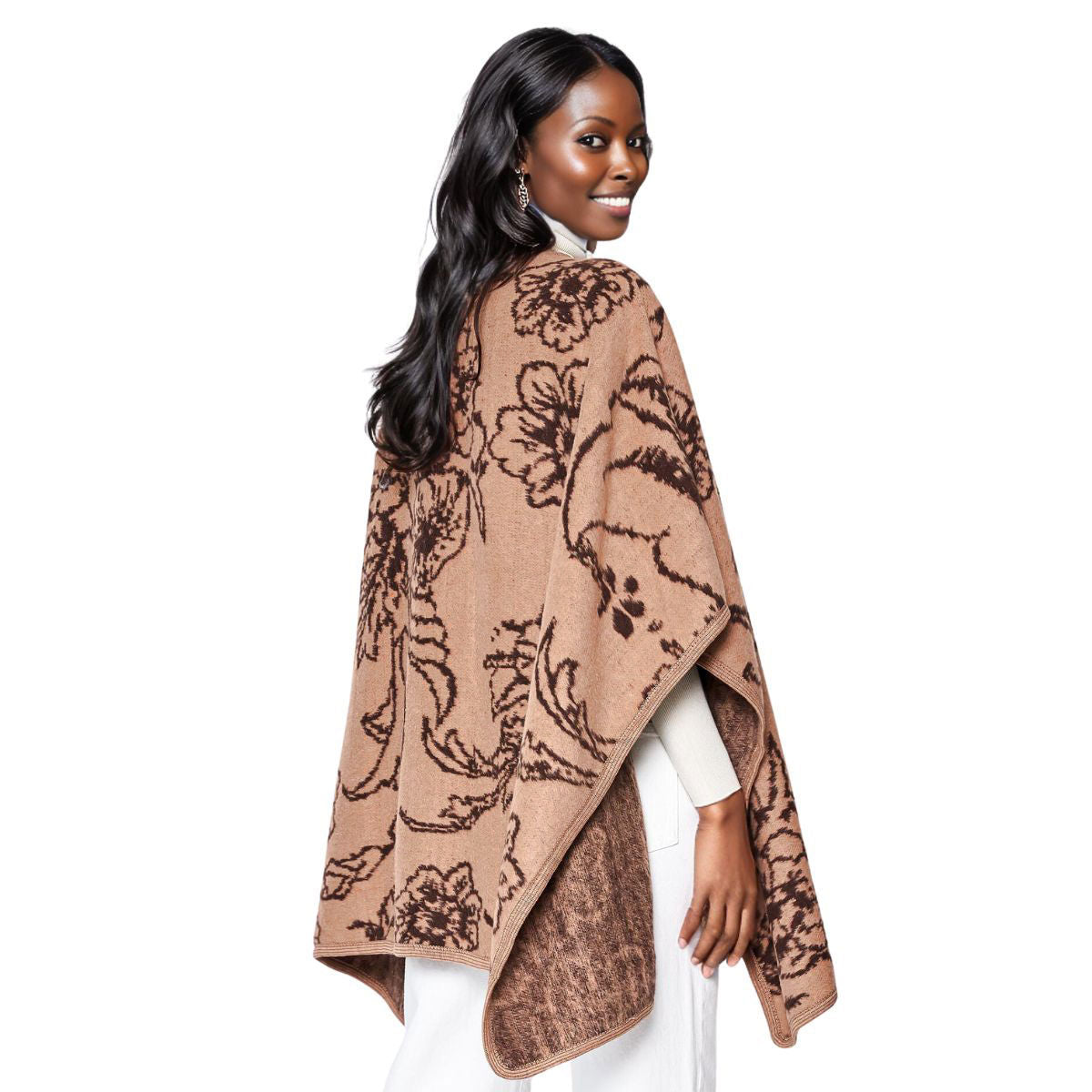 Women’s Kimono Ruana Acrylic Knit Camel Flower Pattern Stylish Layered Top