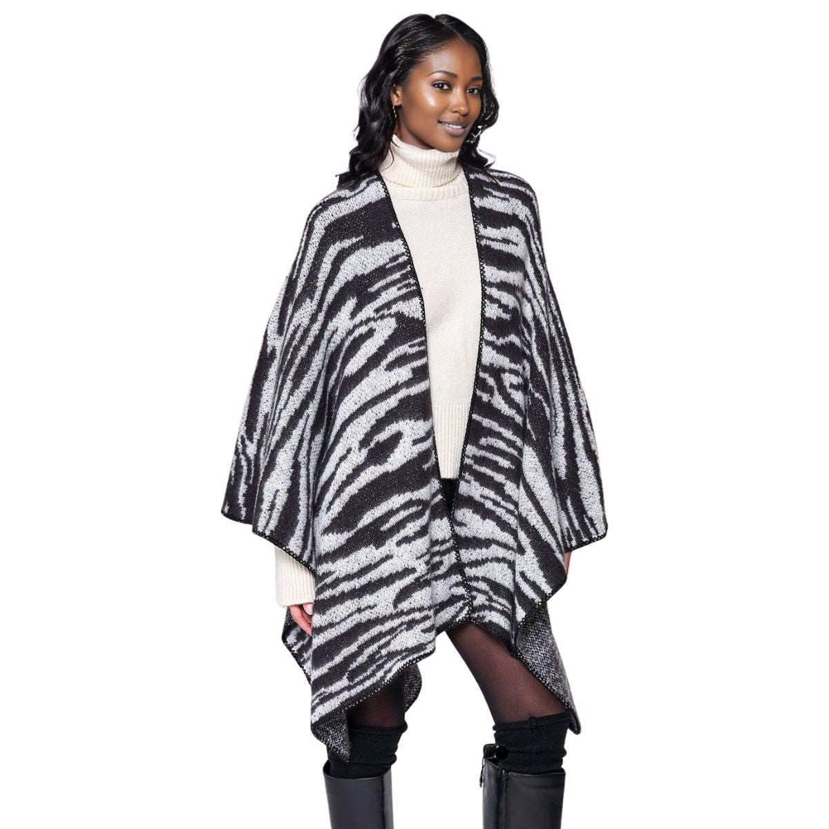 Women’s Kimono Cardigan Black Zebra Knit Stylish Casual Layered Top