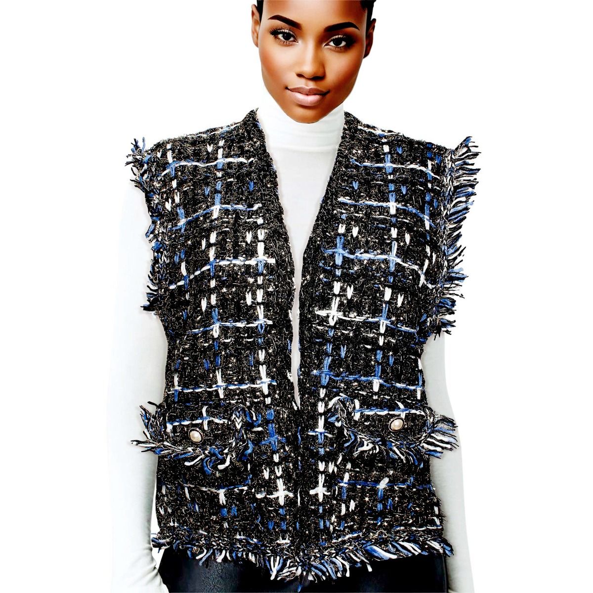 Women’s Black Luxe Tweed Vest Silver Threaded Stylish Chic