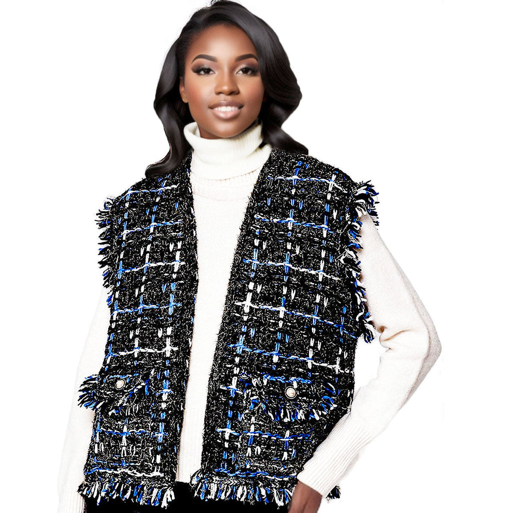 Women’s Black Luxe Tweed Vest Silver Threaded Stylish Chic