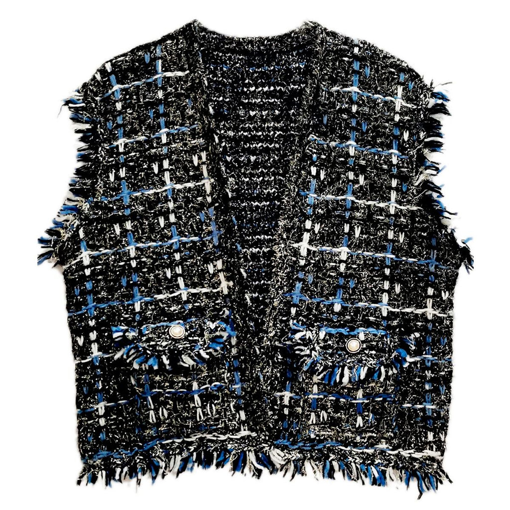 Women’s Black Luxe Tweed Vest Silver Threaded Stylish Chic