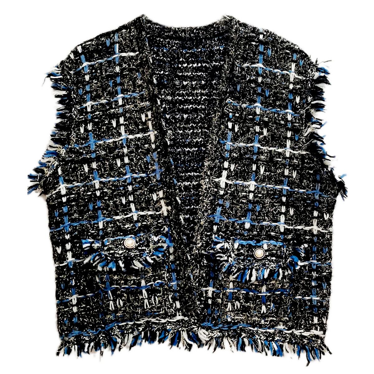 Women’s Black Luxe Tweed Vest Silver Threaded Stylish Chic