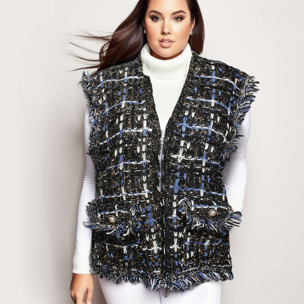Women’s Black Luxe Tweed Vest Silver Threaded Stylish Chic