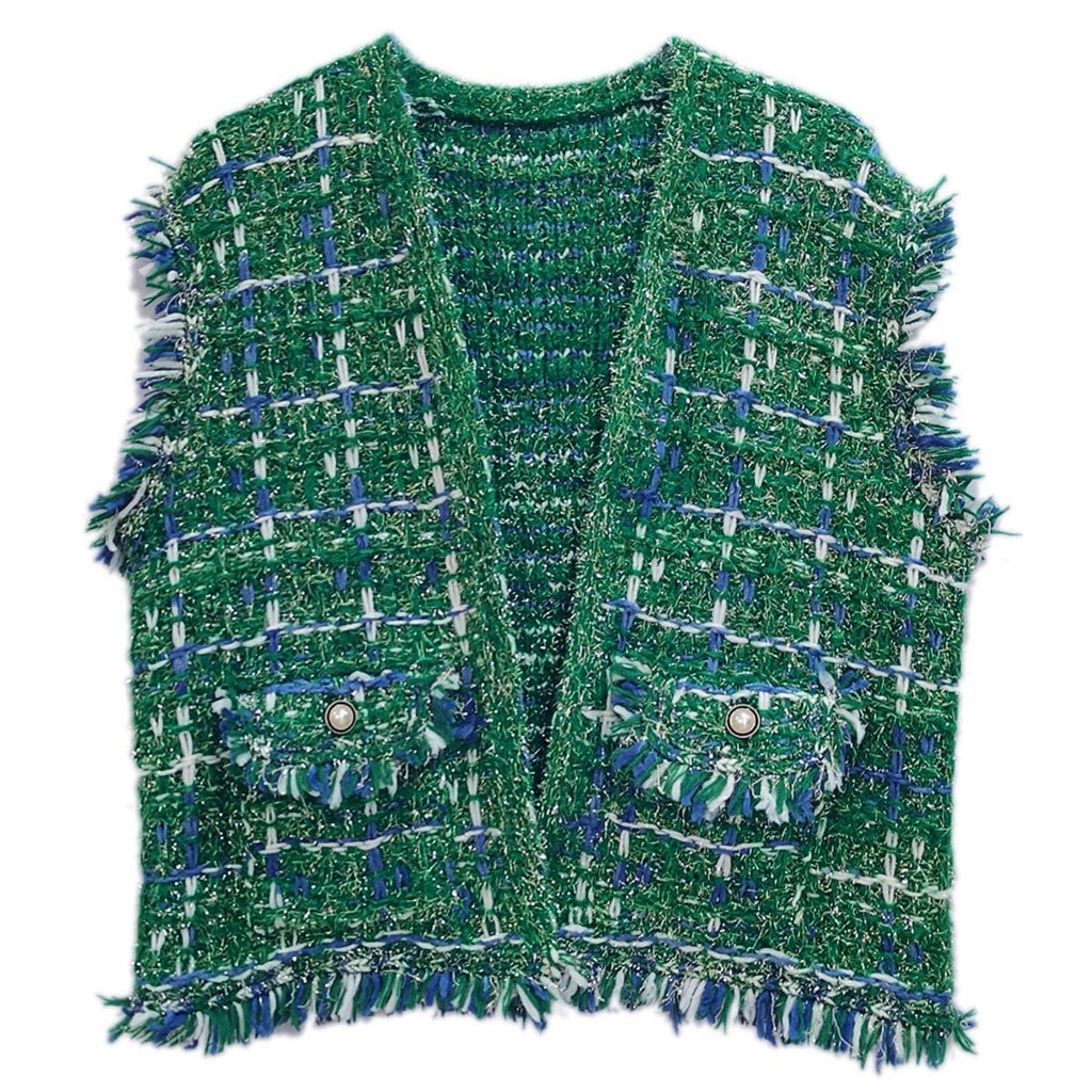 Tweed Green Vest Silver Threaded Luxe High Quality Stylish Chic