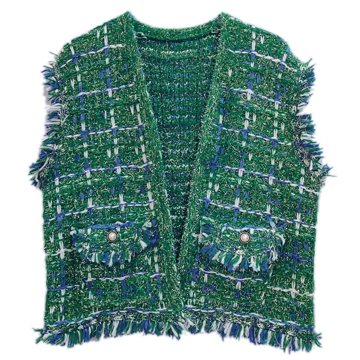 Tweed Green Vest Silver Threaded Luxe High Quality Stylish Chic
