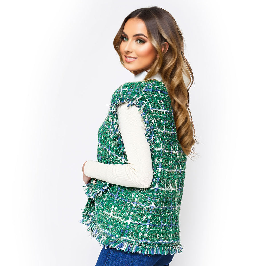 Tweed Green Vest Silver Threaded Luxe High Quality Stylish Chic