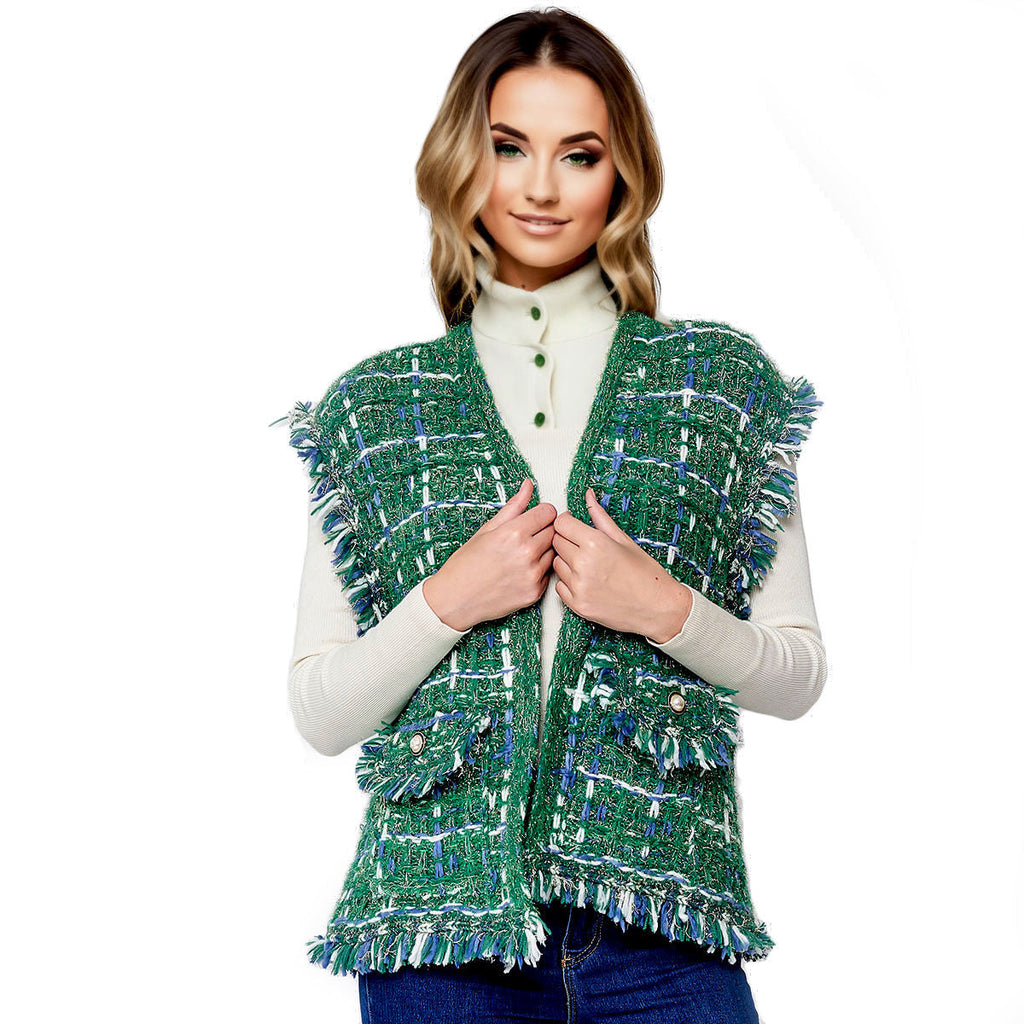 Tweed Green Vest Silver Threaded Luxe High Quality Stylish Chic