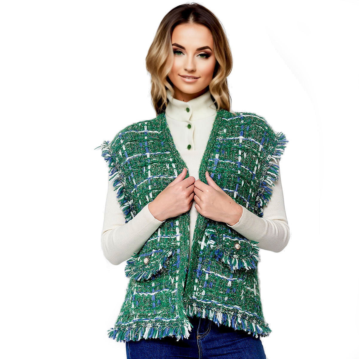 Tweed Green Vest Silver Threaded Luxe High Quality Stylish Chic